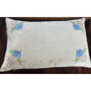 Vintage Handmade Needlepoint Multicolor Pillow, Flowers, Size 9" x 15" Down Fill